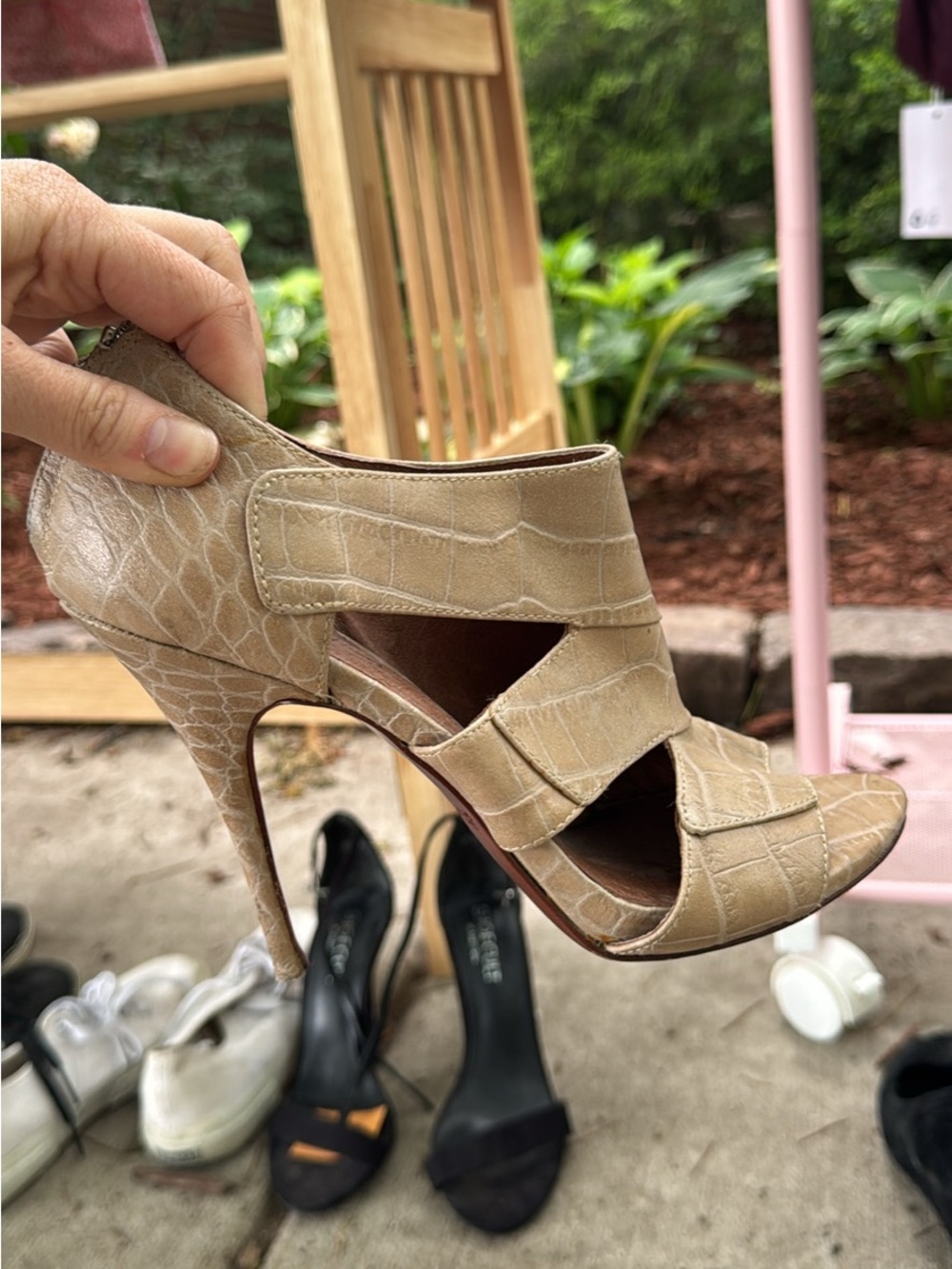 Elizabeth and James Latch Heel- Beige Croc-Embossed Strappy High Heel Sandal